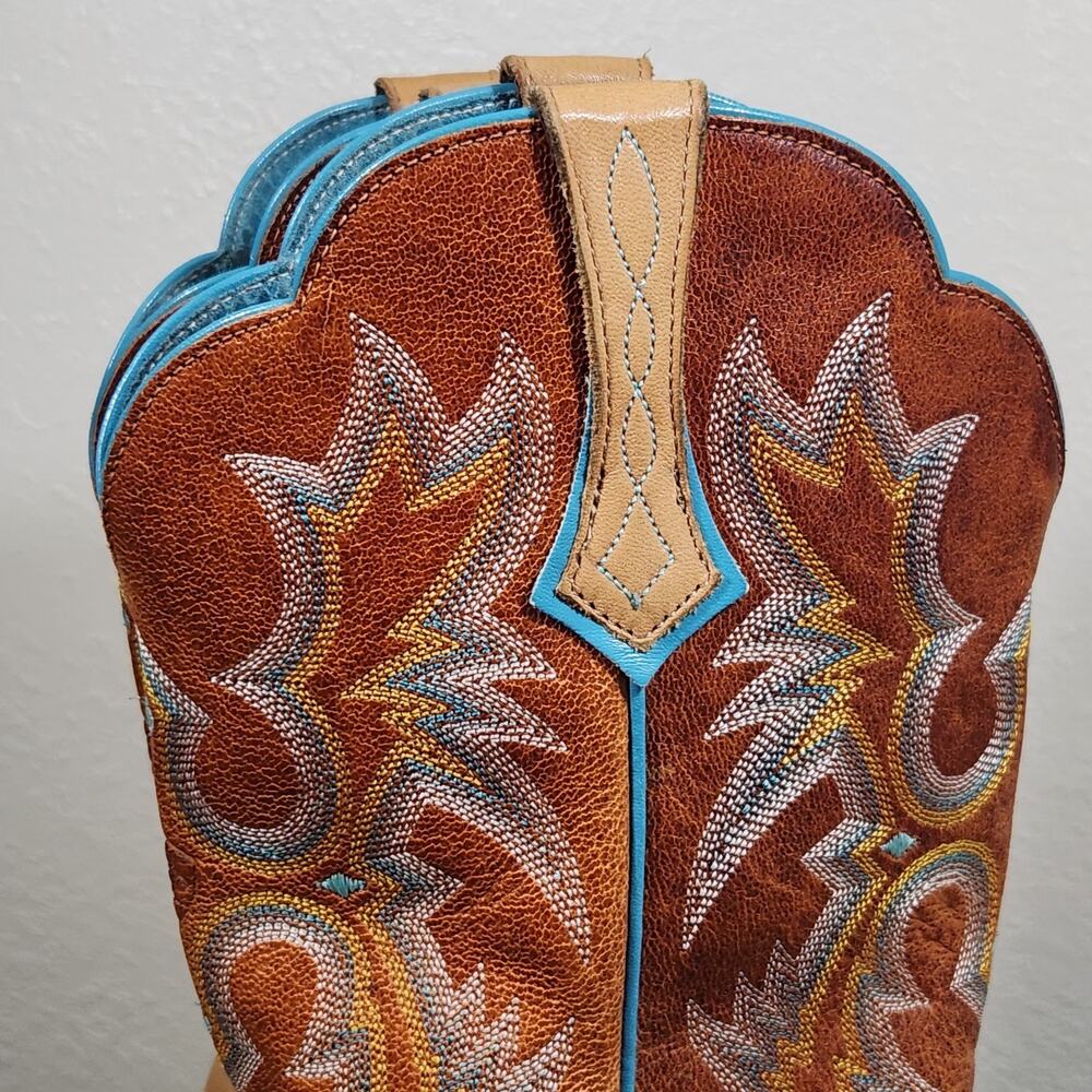 Ariat Tombstone Cowboy Boots Womens 9 B Tan Teal Leather Square Country Cowgirl - Picture 5 of 14
